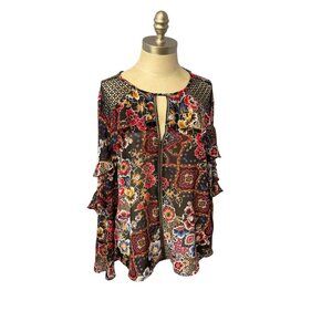 Limited Floral Boho Ruffle Sleeve Sheer Blouse Black & Multicolor Women's Large‎